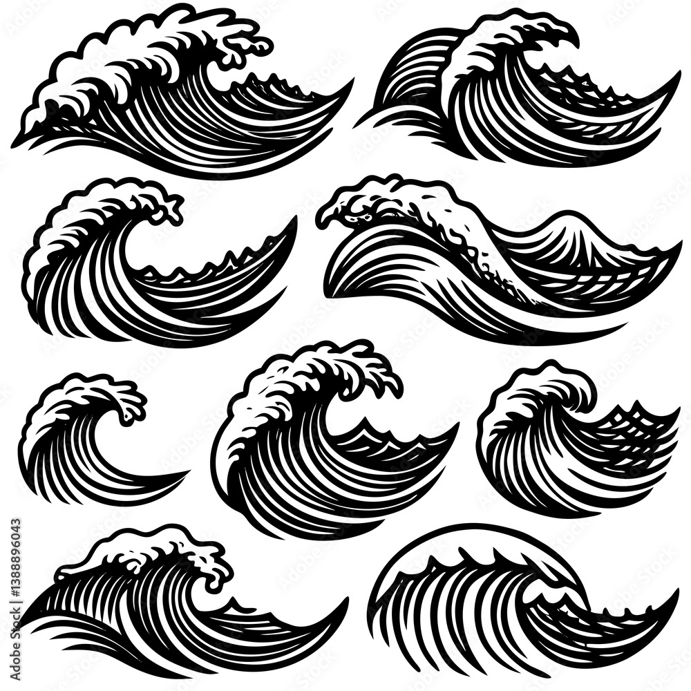 Fototapeta premium Sea Waves Sketch: Vintage Storm Wave & Ocean Tide Hand-Drawn Vector Set