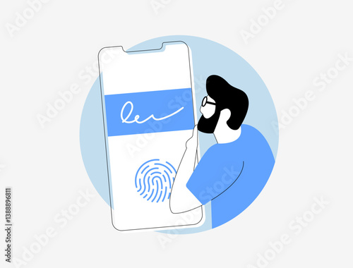 Electronic signature and biometric fingerprint technologies enable secure authentication, identity verification and document signing with advanced encryption. E-signature vector illustration and icon