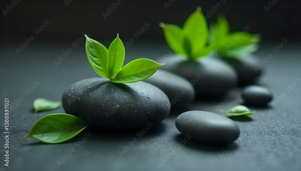 Close-up studio shot of smooth, dark gray stones and vibrant green leaves arranged on a textured black surface Close-up studio shot of smooth, dark gray stones and vibrant green leaves arranged on a textured black surface