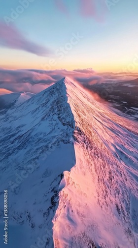 Breathtaking mountain peak glowing with sunset hues. Experience nature at its finest. A stunning aerial view showcasing the serene beauty of snow-covered landscapes. Generative AI