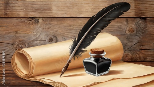 A classic setup of writing tools for submitting to Adobe Stock. It features a feather quill, ink bottle, and rolled parchment paper on wood.
