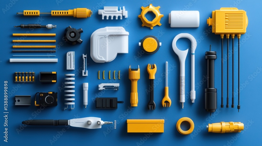 A collection of tools and equipment, including a wrench, a screwdriver A collection of tools and equipment, including a wrench, a screwdriver