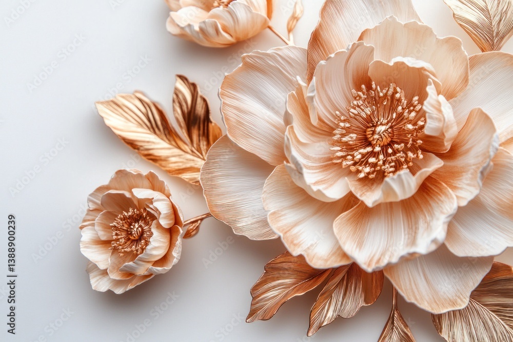Obraz premium Elegant golden flowers arranged on a soft white background appear lovely