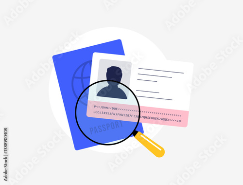 MRZ code on a passport for machine-readable identity verification. Biometrics, scanning and AI tools used to analyze passport data for security. Machine readable zone vector illustration and icons