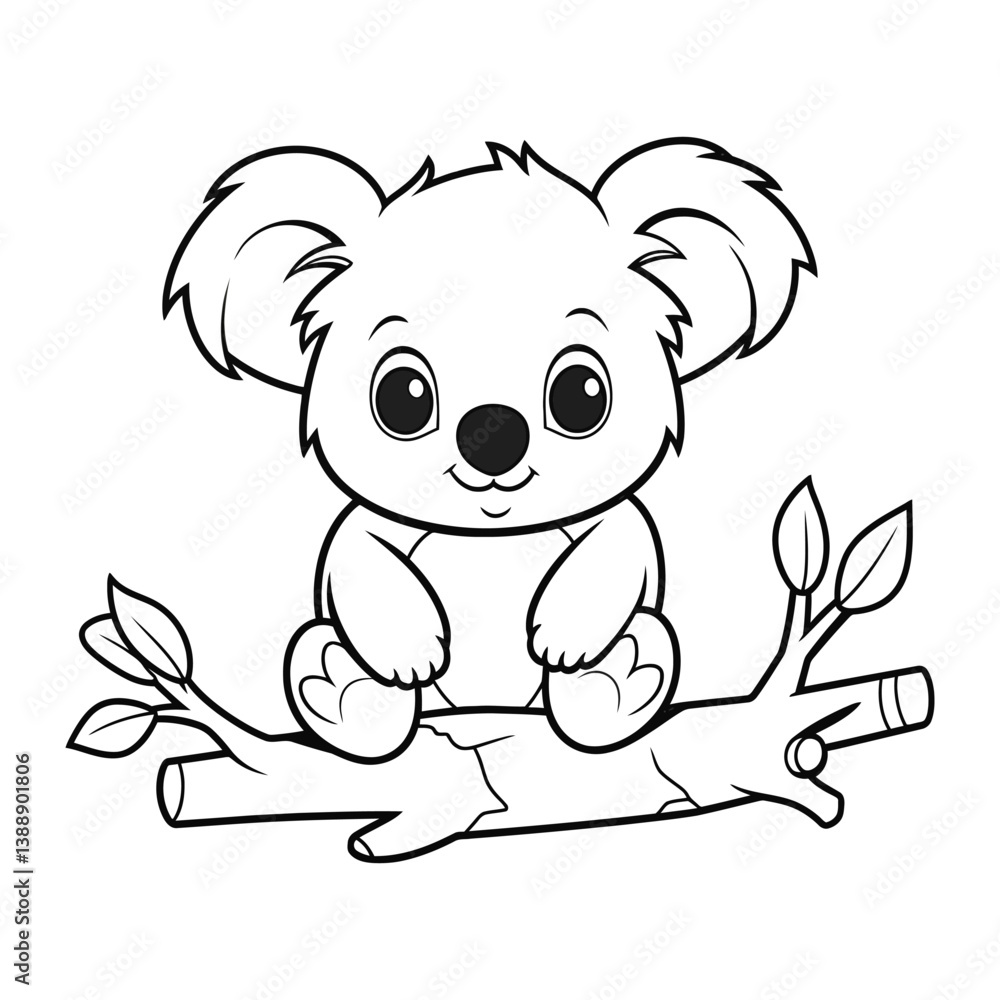 Cute koala bear sitting on a tree branch black and white drawing Cute koala bear sitting on a tree branch black and white drawing