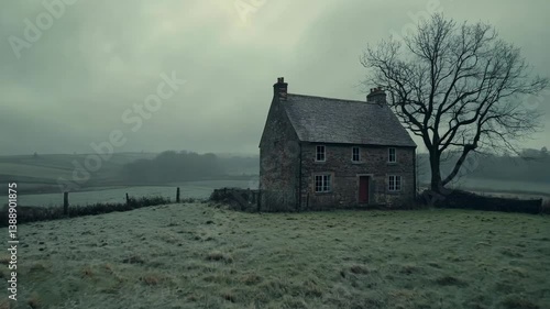 A solitary stone cottage stands quietly in a misty, frost-covered rural landscape, surrounded by rolling hills and a leafless tree, evoking a mood of solitude, nostalgia, and quiet beauty 