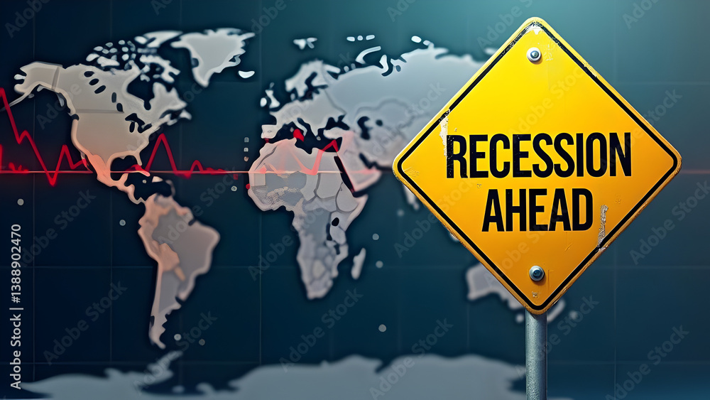 Obraz premium Global Recession Ahead warning sign with falling stock market chart and world map background representing international economic crisis, financial instability, and global business risk concept.