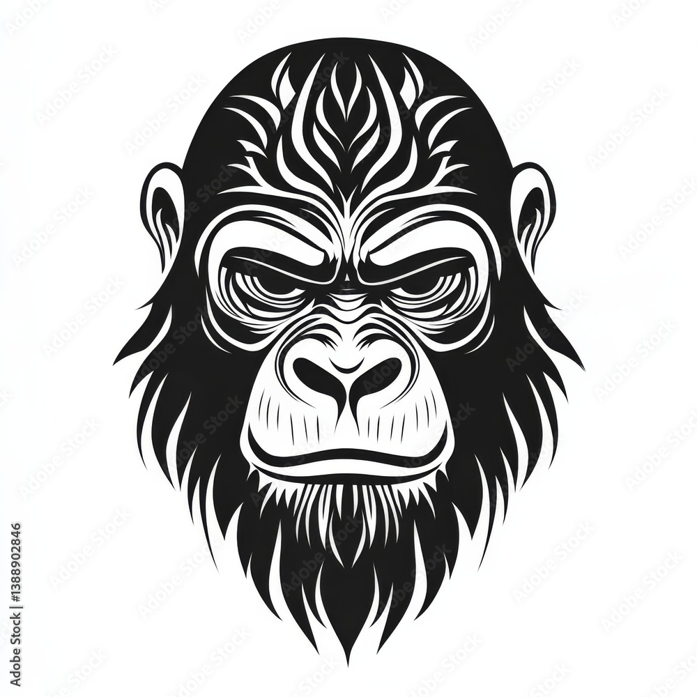 Fototapeta premium Black and white stylized illustration of a fierce gorilla head with bold tribal-like linework. Suitable for logos, tattoos, or graphic design emphasizing strength and primal energy.