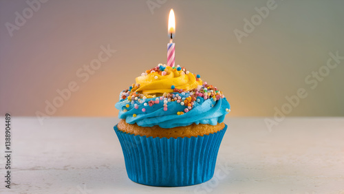 A colorful cupcake with blue frosting and yellow sprinkles has a pink candle on top. This image might be a stock photo for birthdays or celebrations.