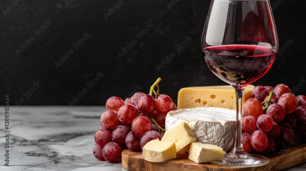 A glass of red wine is poured into a wine glass next to a cheese plate A glass of red wine is poured into a wine glass next to a cheese plate