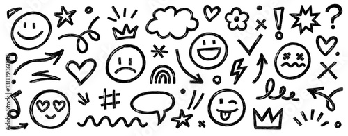 Smile brush hand drawn vector element set. Emoji fun face, heart, crown symbol crayon texture marker background kid sketch style hand drawn element. Scribble shape, smiley face. Vector illustration