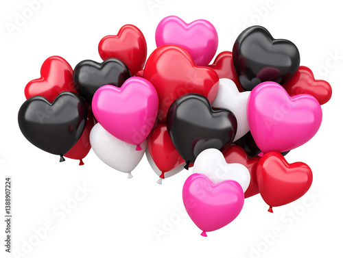 Heart shaped balloons joyfully float against bright white background. AI Generated