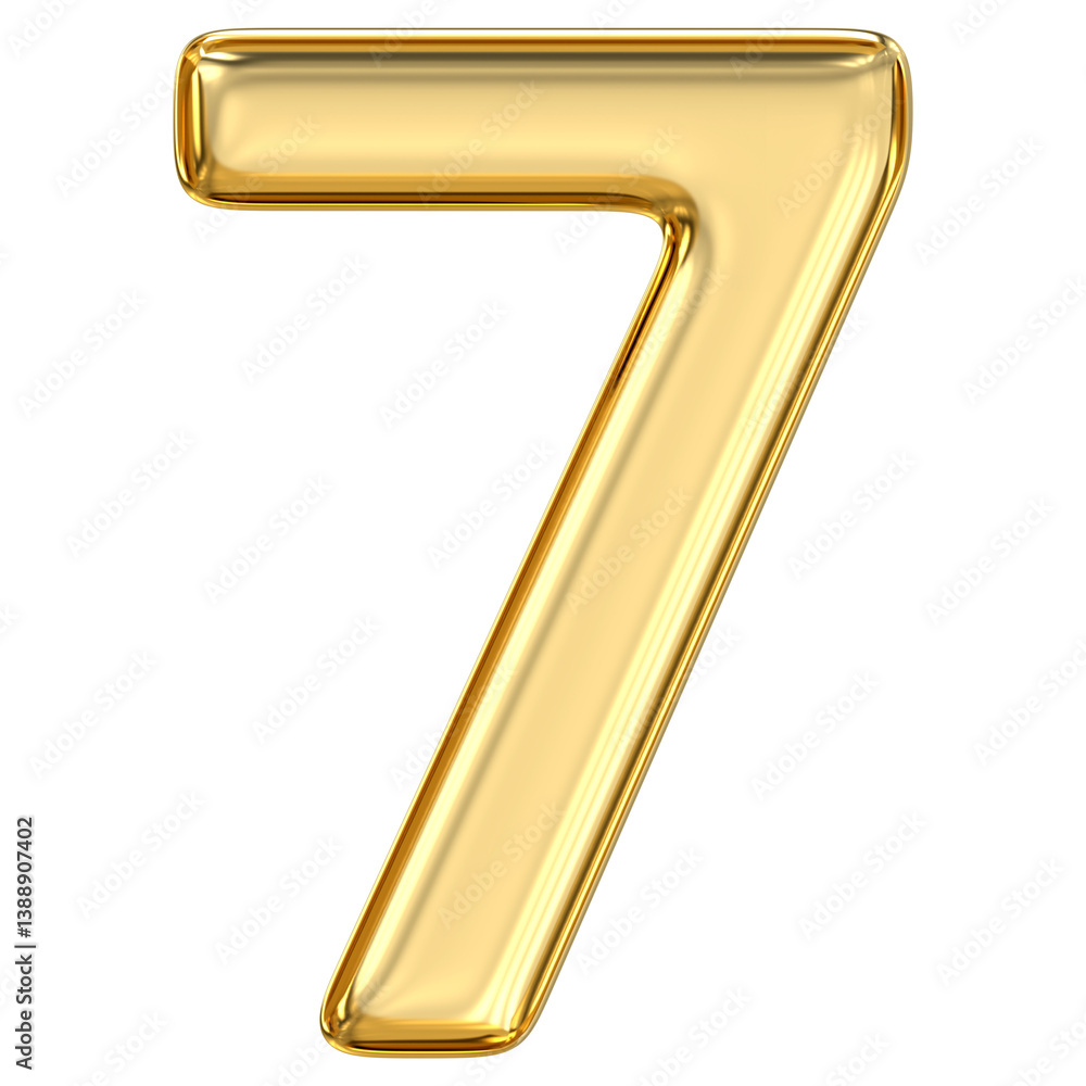 Golden Number 7, pristine, glossy golden number seven glistens with mystery and intellect, reflecting spiritual elegance and depth in clarity, 3d rendering