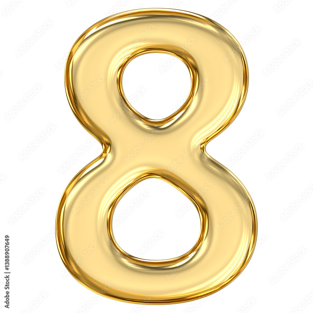 Golden Number 8, pristine, glossy golden number eight glows with power and abundance, symbolizing infinity and refined balance in golden brilliance, 3d rendering
