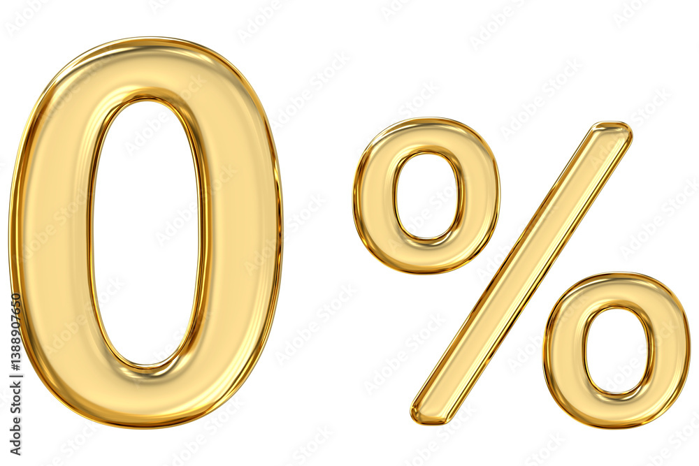 Golden Zero Percent Symbol, gleaming golden zero percent symbol against a neutral background. This image symbolizes the concept of zero in clear, 3d rendering
