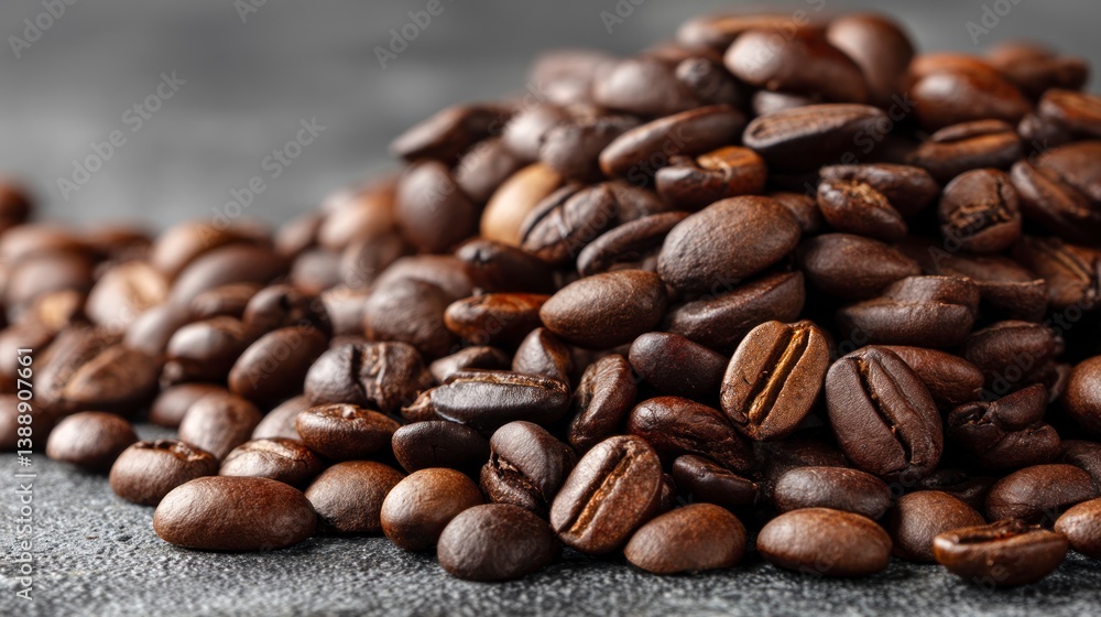 Naklejka premium Pile of Roasted Coffee Beans on Dark Surface Close-up Studio Shot
