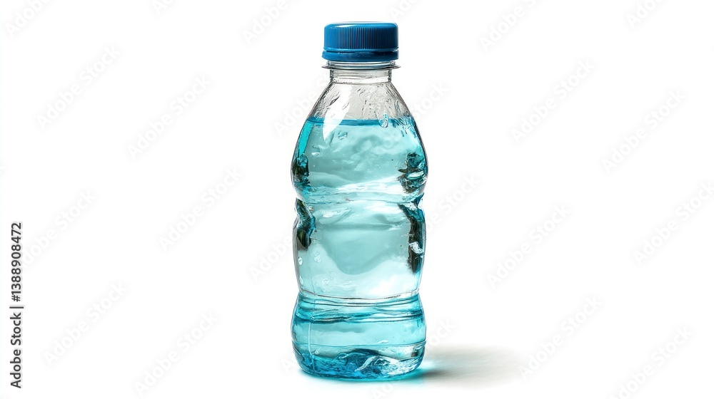 Refreshing Bottled Water with Blue Cap on a Clean White Background Refreshing Bottled Water with Blue Cap on a Clean White Background
