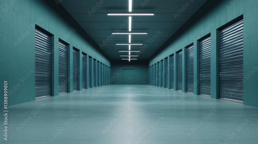 Fototapeta premium modern storage facility with teal walls and closed metal doors under bright ceiling lights
