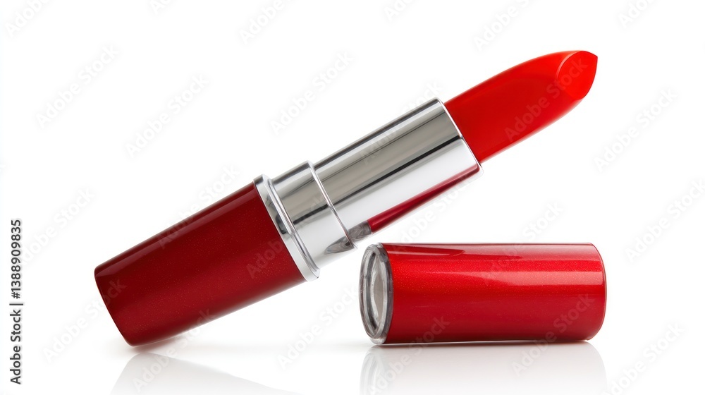 Bright Red Lipstick and Cap on White Reflective Background for Makeup Bright Red Lipstick and Cap on White Reflective Background for Makeup