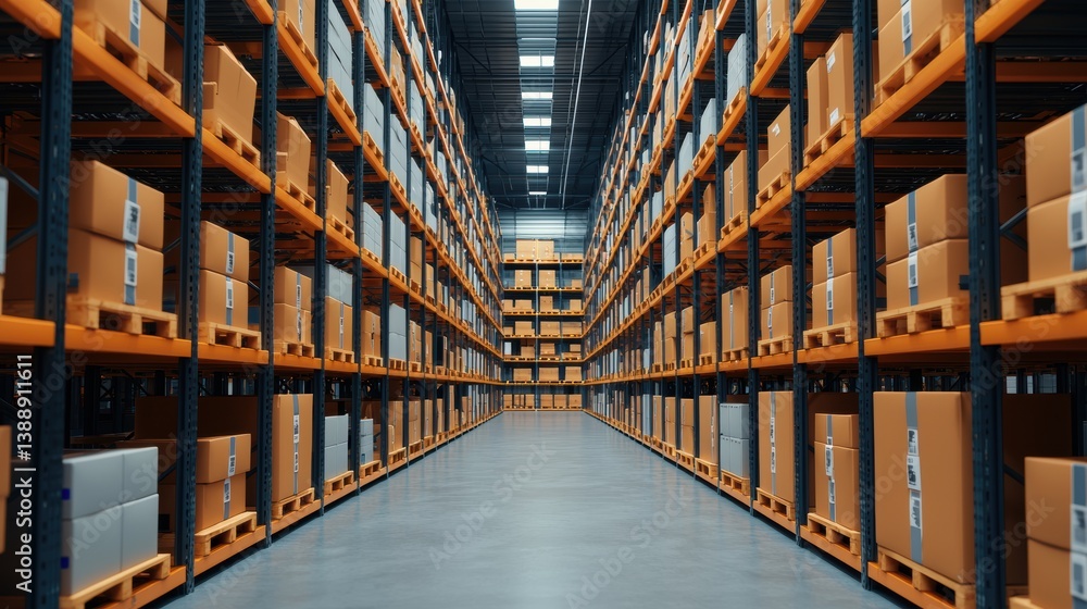 Fototapeta premium modern automated warehouse with organized shelves and stacked boxes, creating sense
