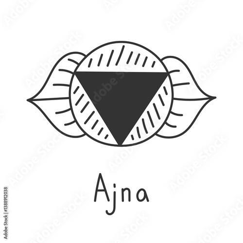 Ajna Chakra Hand drawn Icon with Inscription. Doodle Kundalini Yoga Symbol. Hindu Meditation Line Art Mandala Sign with handwritten lettering. Vector illustration