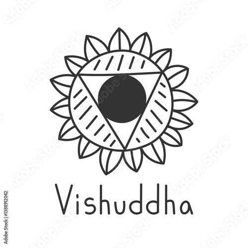 Vishuddha Chakra Hand drawn Icon with Inscription. Doodle Kundalini Yoga Symbol. Hindu Meditation Line Art Mandala Sign with handwritten lettering. Vector illustration