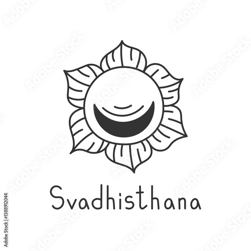 Svadhishthana Chakra Hand drawn Icon with Inscription. Doodle Kundalini Yoga Symbol. Hindu Meditation Line Art Sign with handwritten lettering. Vector illustration