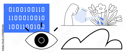 Eye analyzing binary code, hand watering flowers with a watering can, abstract shapes. Ideal for tech innovation, sustainability, nature, human impact, data analysis, artificial intelligence flat