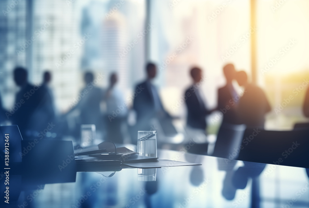 Blurred office scene with business meeting and large window with bright sunlight coming through it Blurred office scene with business meeting and large window with bright sunlight coming through it