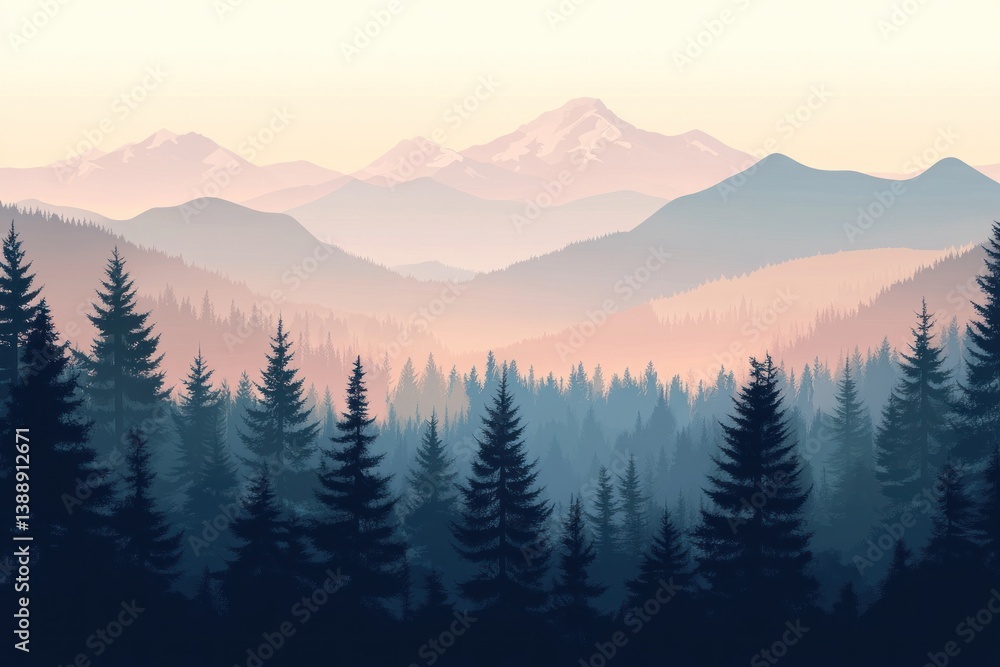 Obraz premium A picturesque landscape painting depicting distant mountains and forest trees
