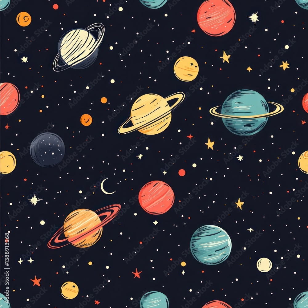 A delightful and colorful pattern of planets and stars floating freely A delightful and colorful pattern of planets and stars floating freely