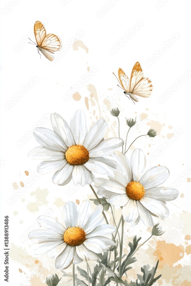 Fototapeta premium Delicate watercolor daisies adorned with fluttering butterflies in the sunlight
