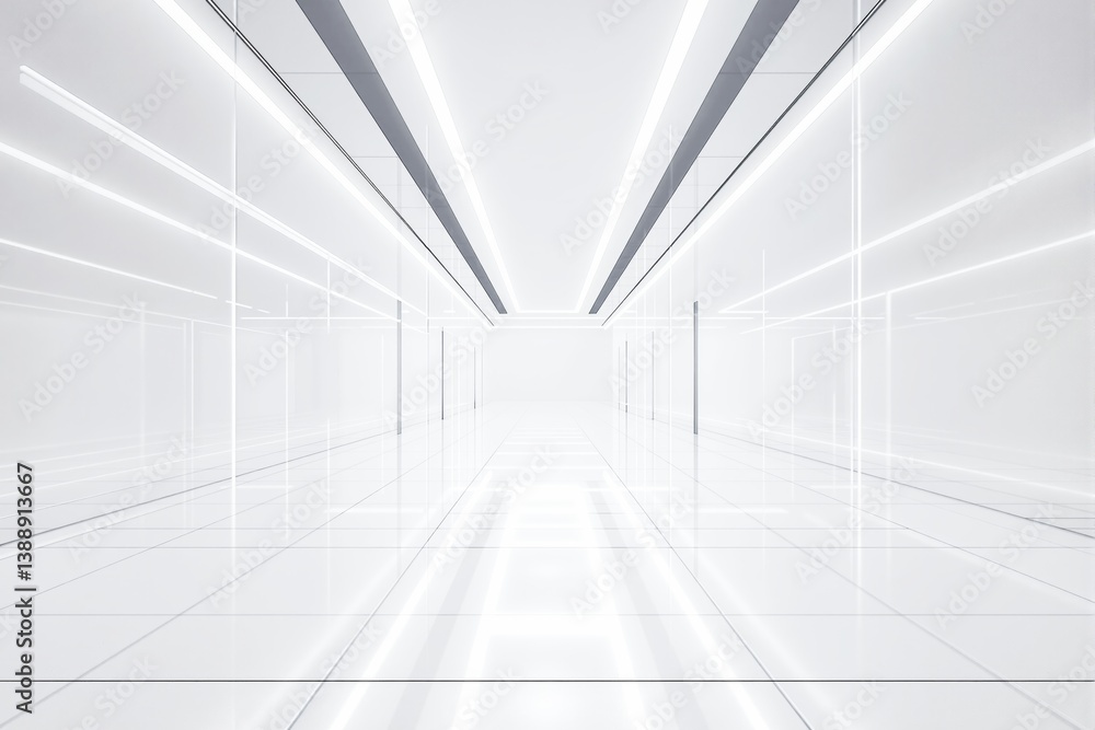 Fototapeta premium Futuristic white corridor with bright lights and glass reflections.