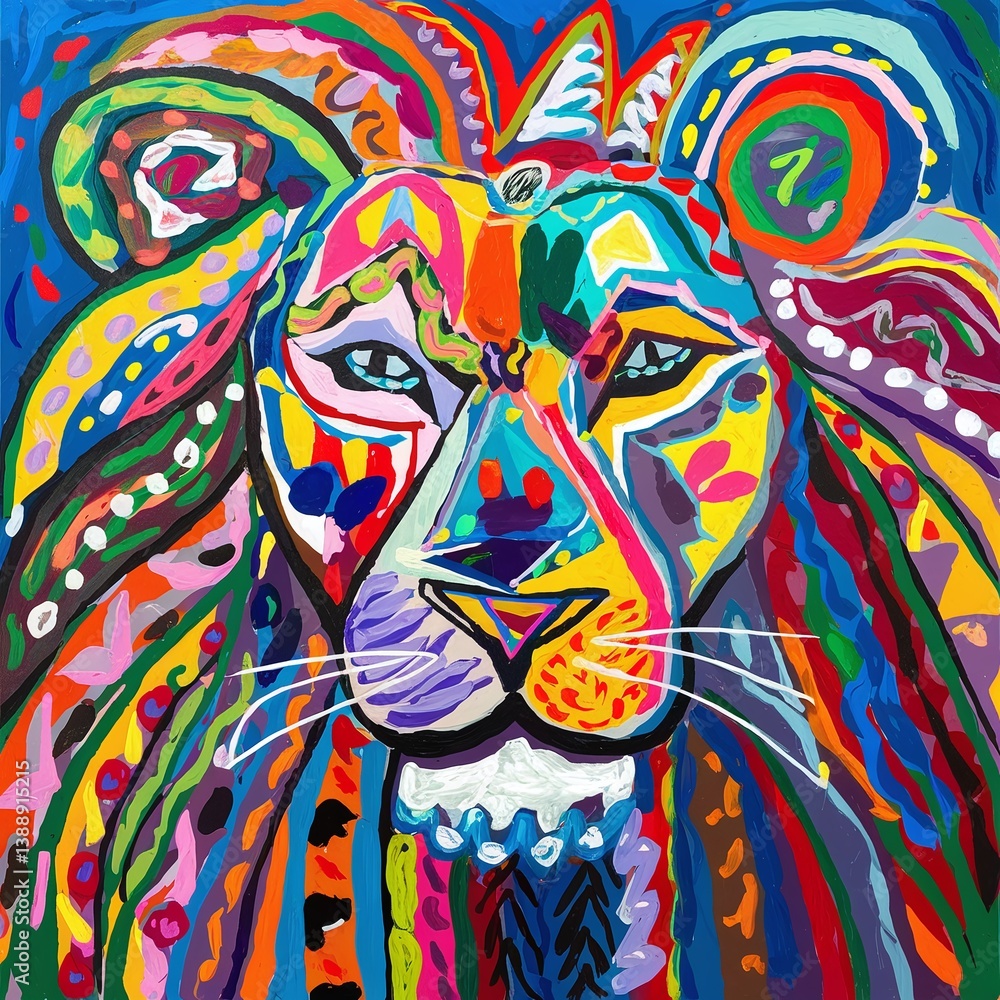 Naklejka premium A vibrant and colorful lion head painting in an abstract style, featuring bold brushstrokes and a mix of warm and cool tones, perfect for modern art lovers and creative decor. 