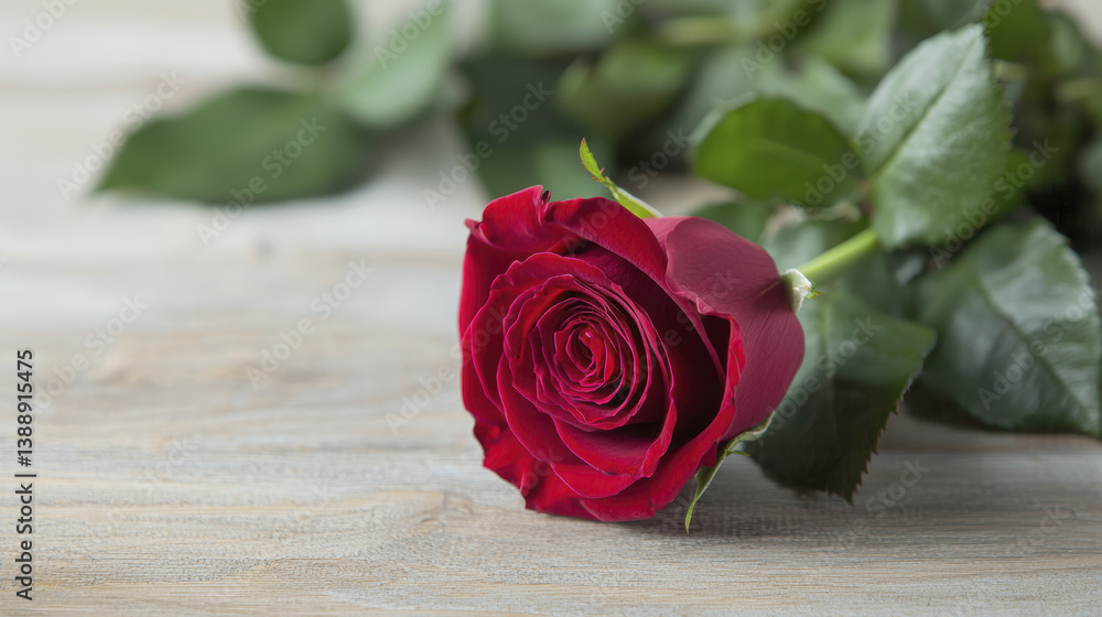 close up of red rose on wooden surface, showcasing its delicate petals and vibrant color close up of red rose on wooden surface, showcasing its delicate petals and vibrant color