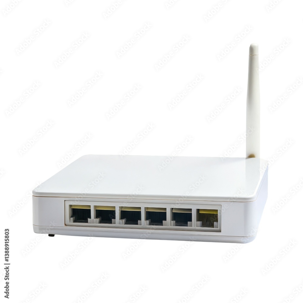 A sleek white wireless router with multiple Ethernet ports, designed for home or office networking. A sleek white wireless router with multiple Ethernet ports, designed for home or office networking.