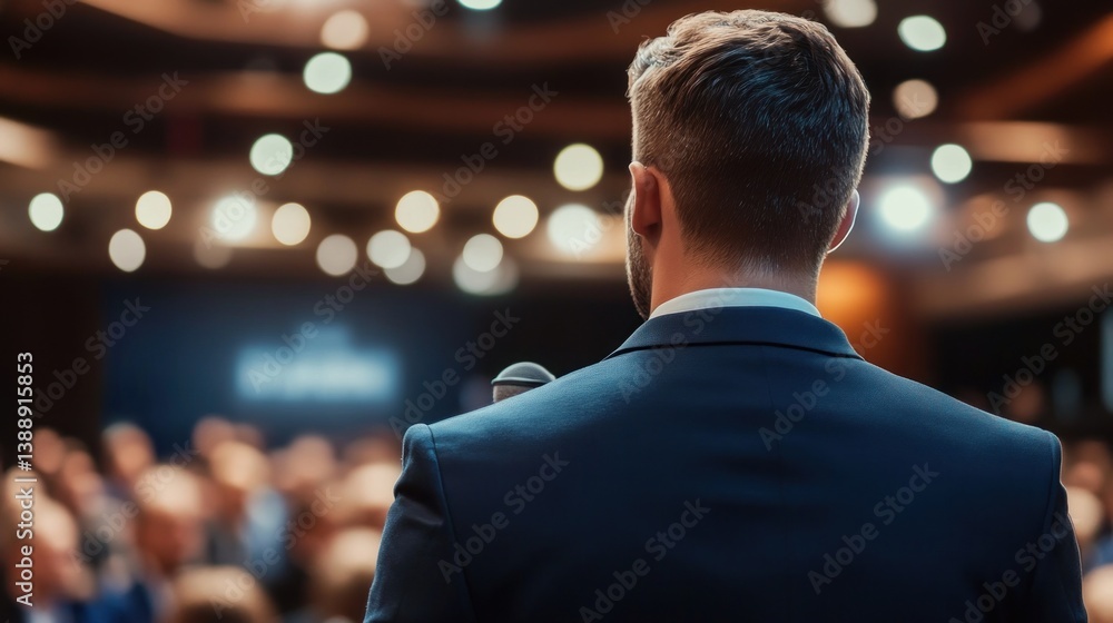 Back view of a speaker addressing an audience at a conference under spotlight delivering a speech for successful presentation in a convention Back view of a speaker addressing an audience at a conference under spotlight delivering a speech for successful presentation in a convention