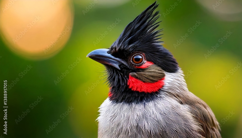 Obraz premium A striking close-up of a bird featuring a notable crest, vivid colors, and intricate details against a softly blurred green background.