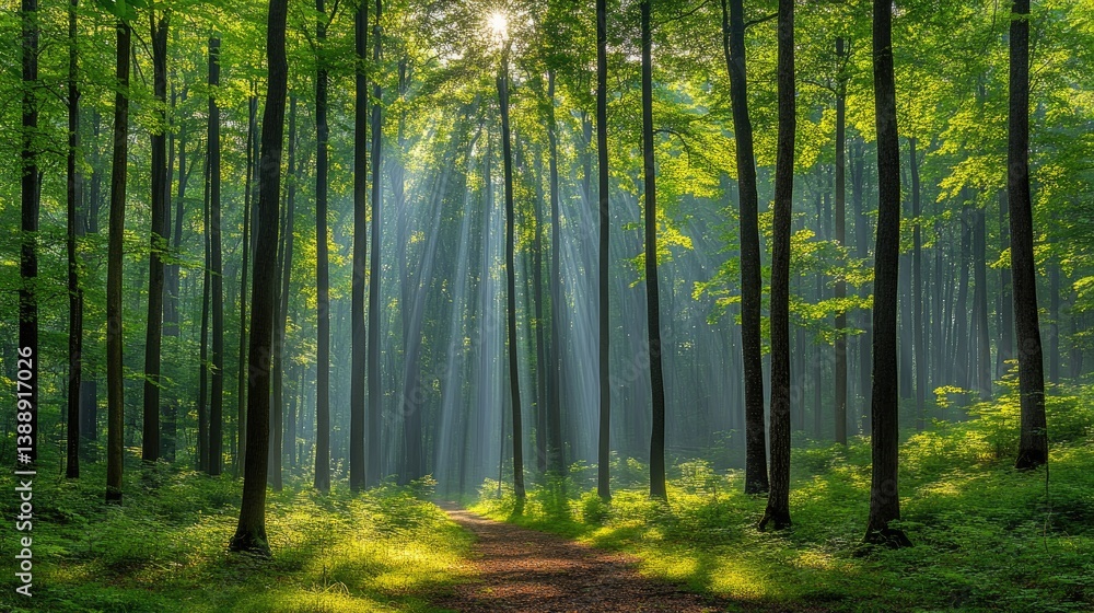 Fototapeta premium Sunlight streaks through trees in lush forest with path and dense foliage background
