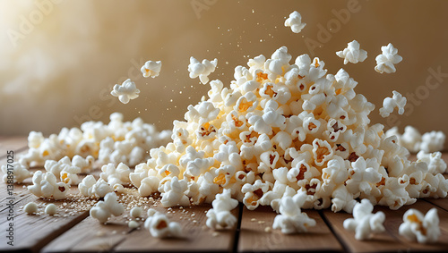 A colorful still life of a freshly popped batch of fluffy white popcorn, scattere