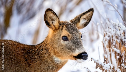 Wallpaper Mural A close-up of a deer in a snowy landscape, showcasing its detailed features and serene expression in a winter setting. Torontodigital.ca