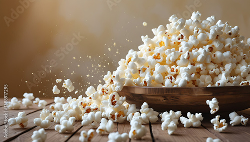 A colorful still life of a freshly popped batch of fluffy white popcorn, scattere