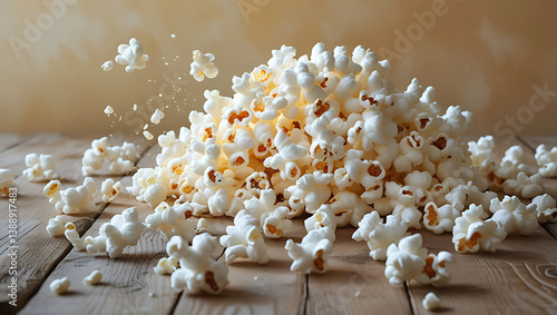 A colorful still life of a freshly popped batch of fluffy white popcorn, scattere