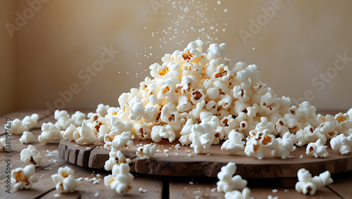 A colorful still life of a freshly popped batch of fluffy white popcorn, scattere