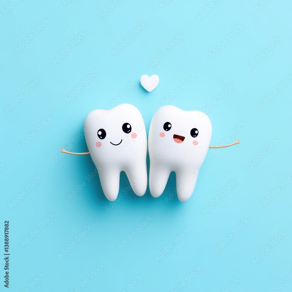 Two cute cartoon teeth holding hands with a small heart above them on a light blue background perfect for dental health and hygiene advertisements and children's content. Two cute cartoon teeth holding hands with a small heart above them on a light blue background perfect for dental health and hygiene advertisements and children's content.