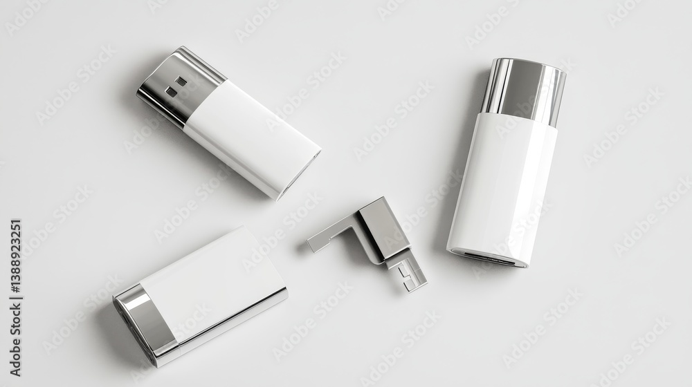 Fototapeta premium Flash drive mockup set featuring open and closed versions with realistic shadows on a white background. 
