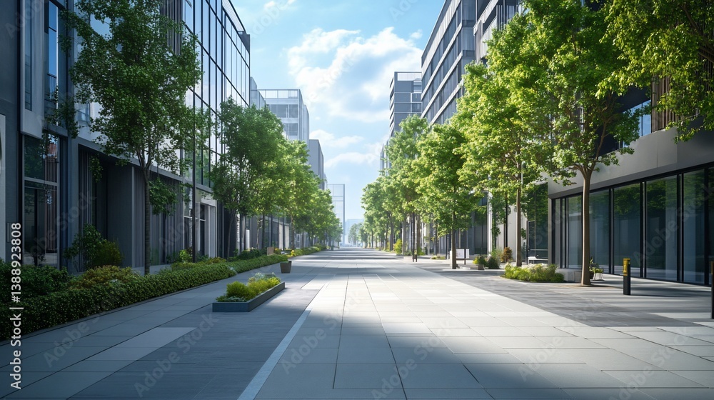 Modern Urban Streetscape with Lush Greenery and Glass Buildings Modern Urban Streetscape with Lush Greenery and Glass Buildings