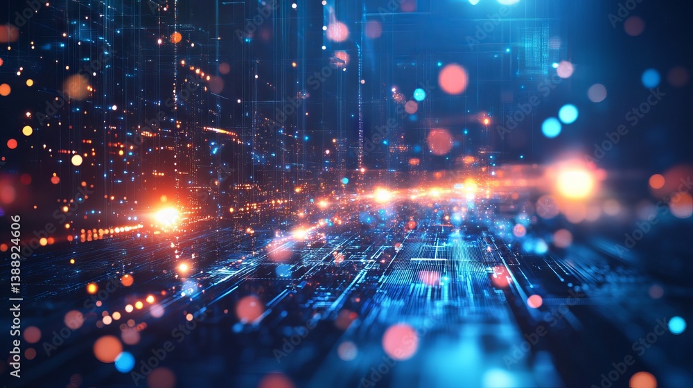 Fototapeta premium Cutting-edge blue digital circuit board background featuring abstract electronic components, evolving infrastructure, and modern tech innovation