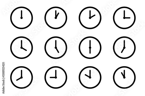 シンプルな1時間ごとのアナログ時計アイコンセット_Analog Clock Icons for Every Hour