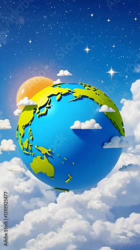 Cartoon Earth rotates in blue cloudy starry sky with sun behind, small clouds revolving around the Earth